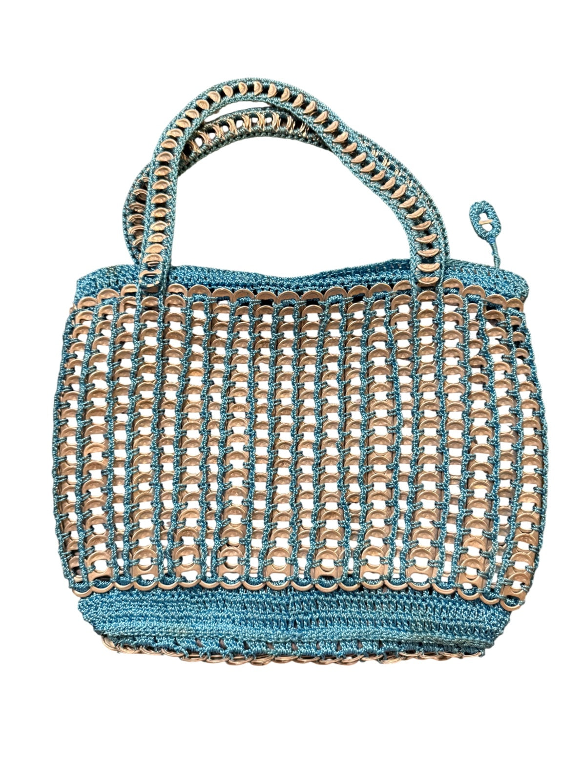Unique Handmade Blue Crochet Tote Bag with Can Tab Accents