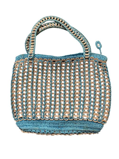 Unique Handmade Blue Crochet Tote Bag with Can Tab Accents