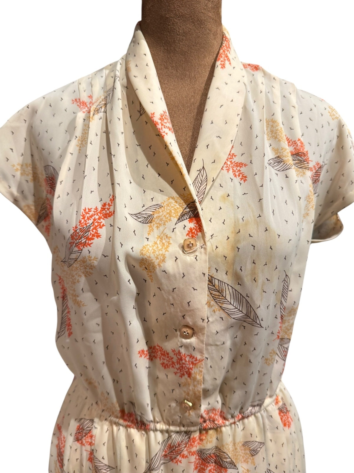 Vintage Cream Floral Print Midi Dress with Elastic Waist