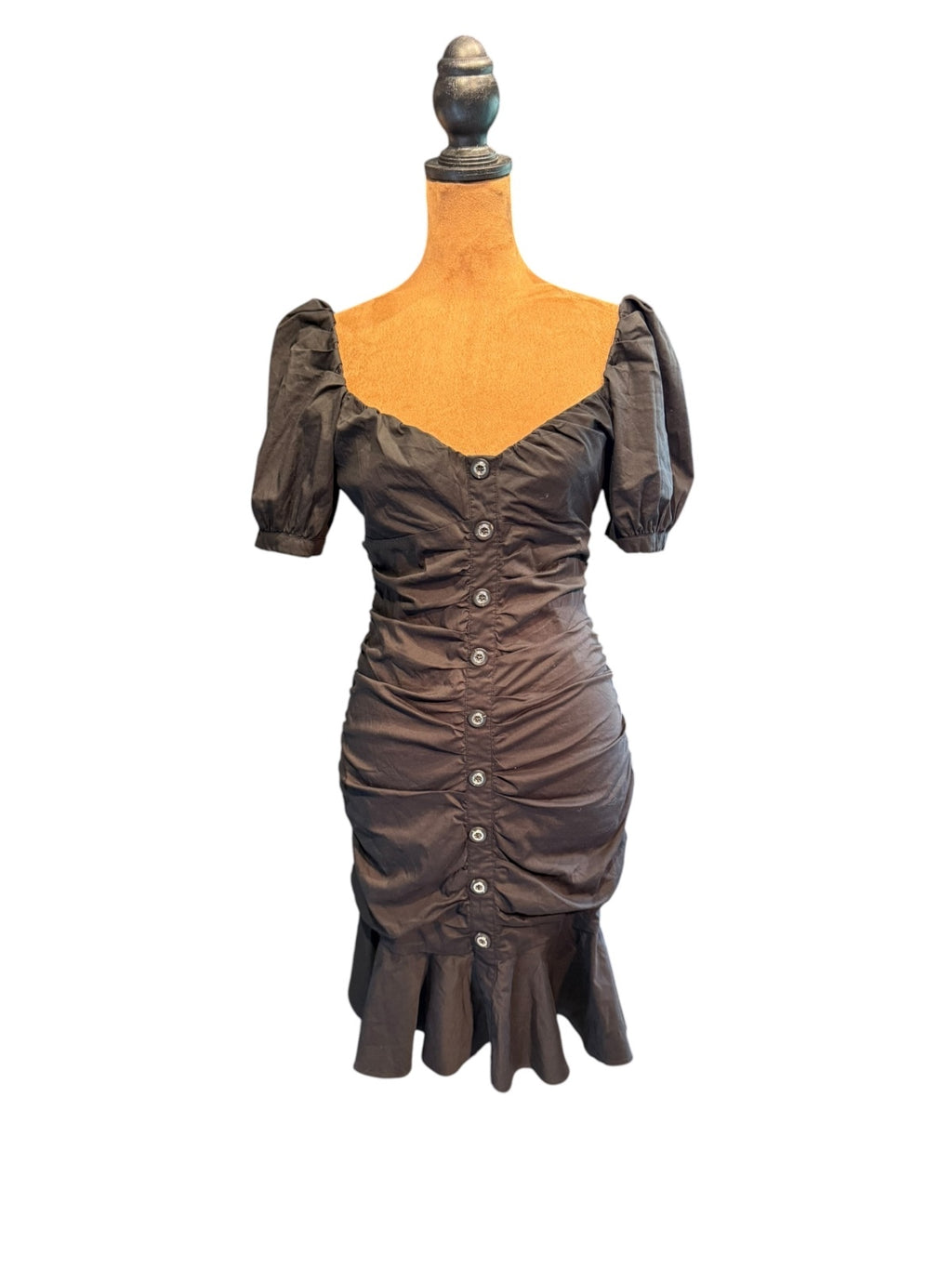 Pinko Black Ruched Button-Front Puff Sleeve Dress
