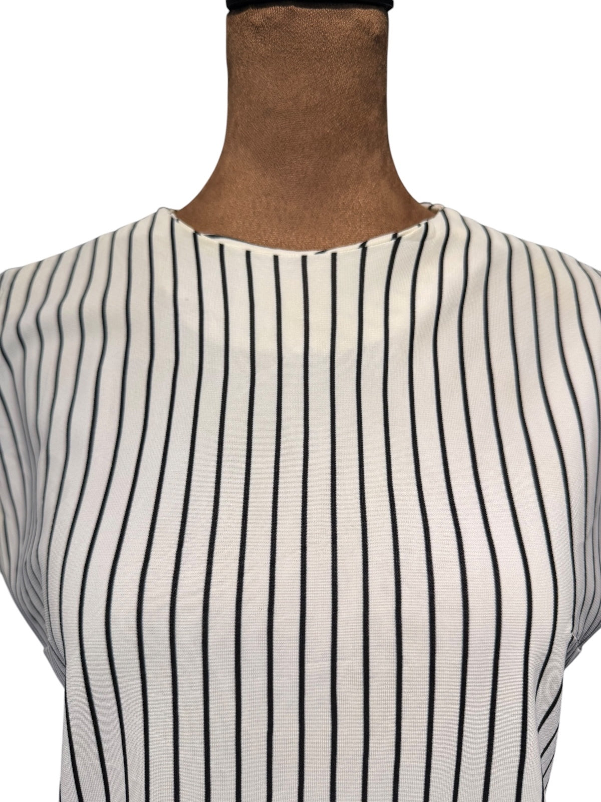 Vintage White and Black Vertical Stripe Sleeveless Dress with Back Buttons