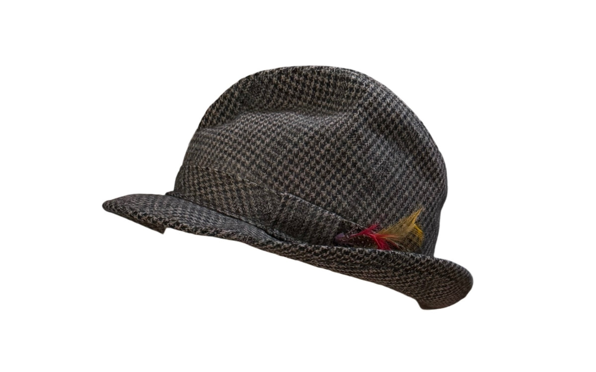 Vintage JCPenney Large Houndstooth Fedora Hat with Feather