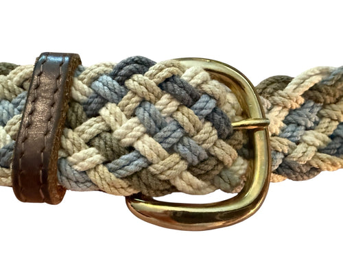 Braided Multi-Color Cotton Belt with Leather Accents and Brass Buckle