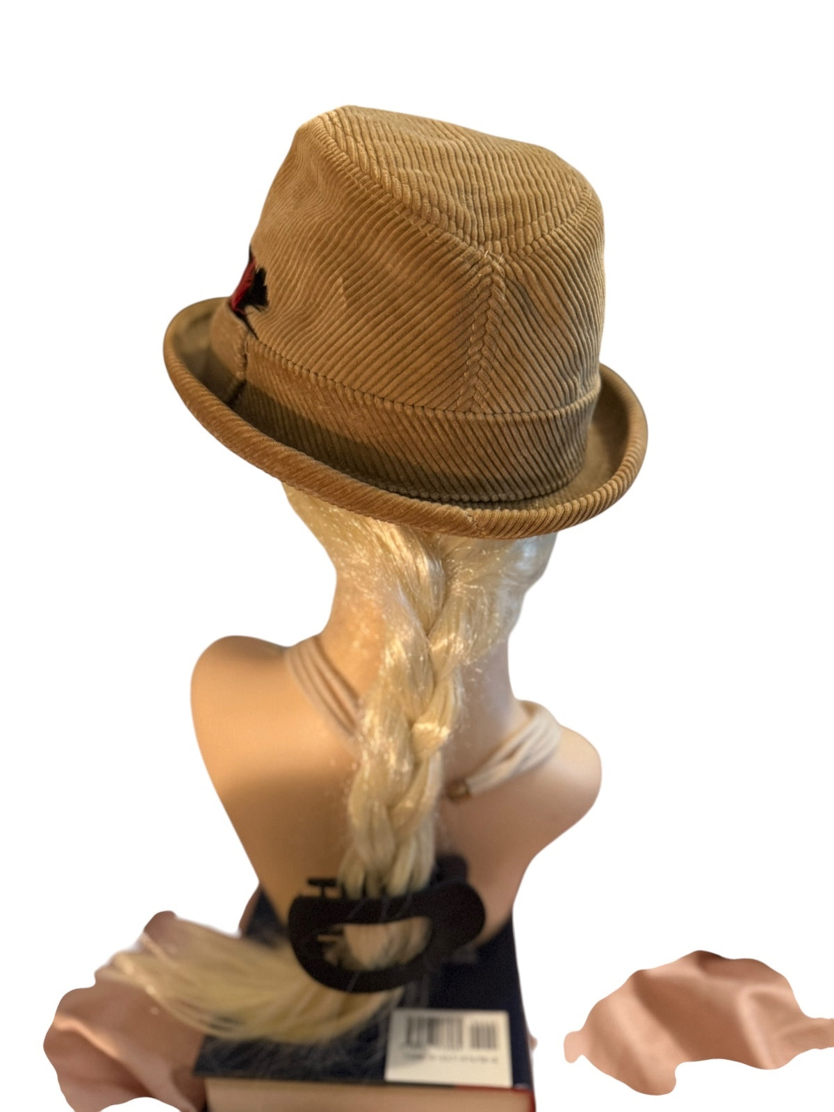 Vintage Eddie Bauer Tan Corduroy Fedora Hat with Feather Accent