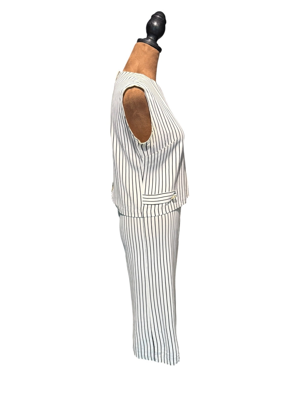 Vintage White and Black Vertical Stripe Sleeveless Dress with Back Buttons