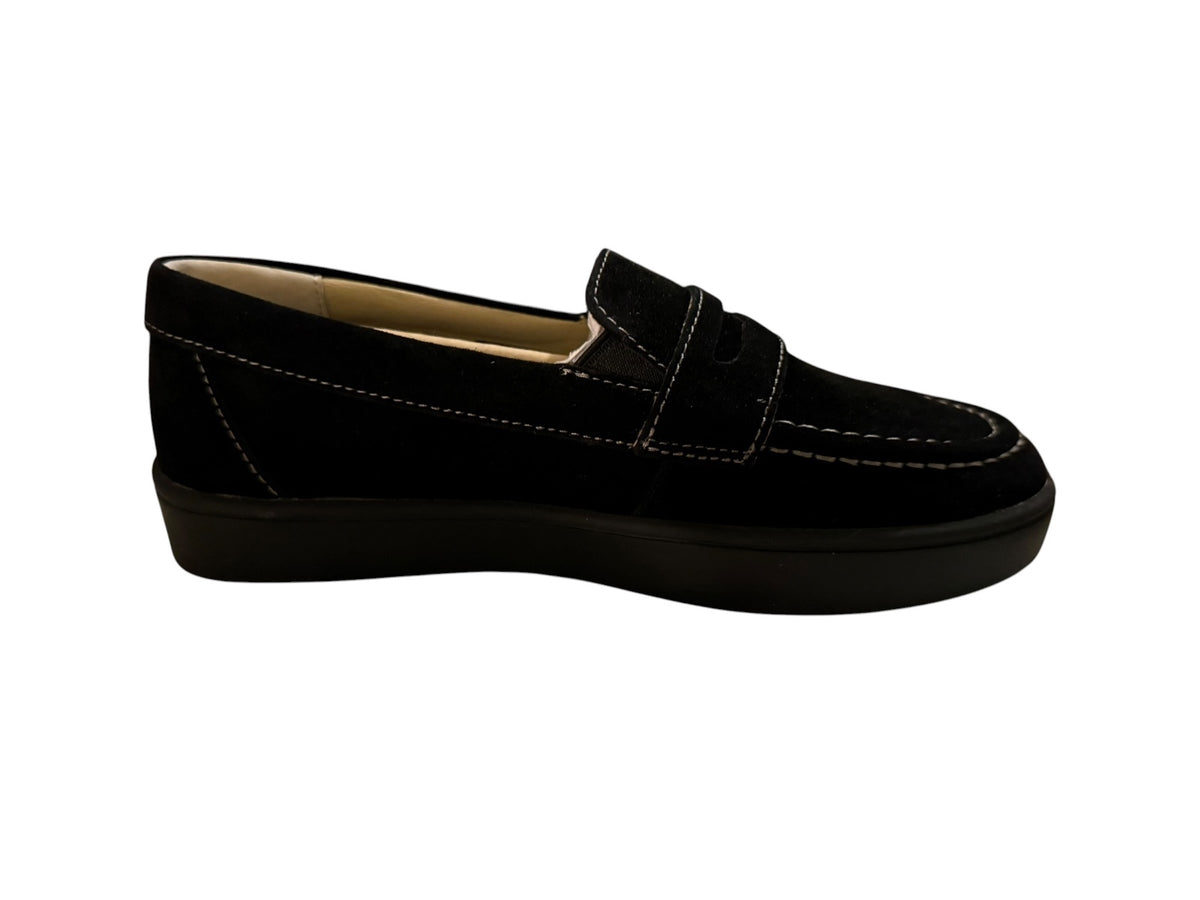 Revitalign Black Suede Loafers with White Stitching