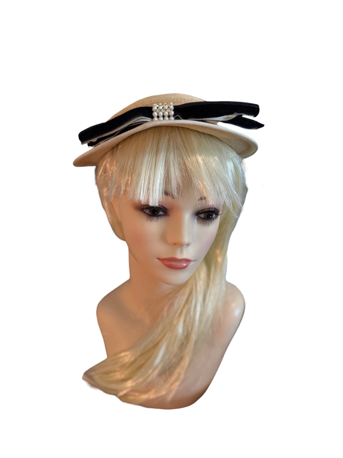 Vintage Style Beige Straw Hat with Black Velvet Bow and Pearl Accent