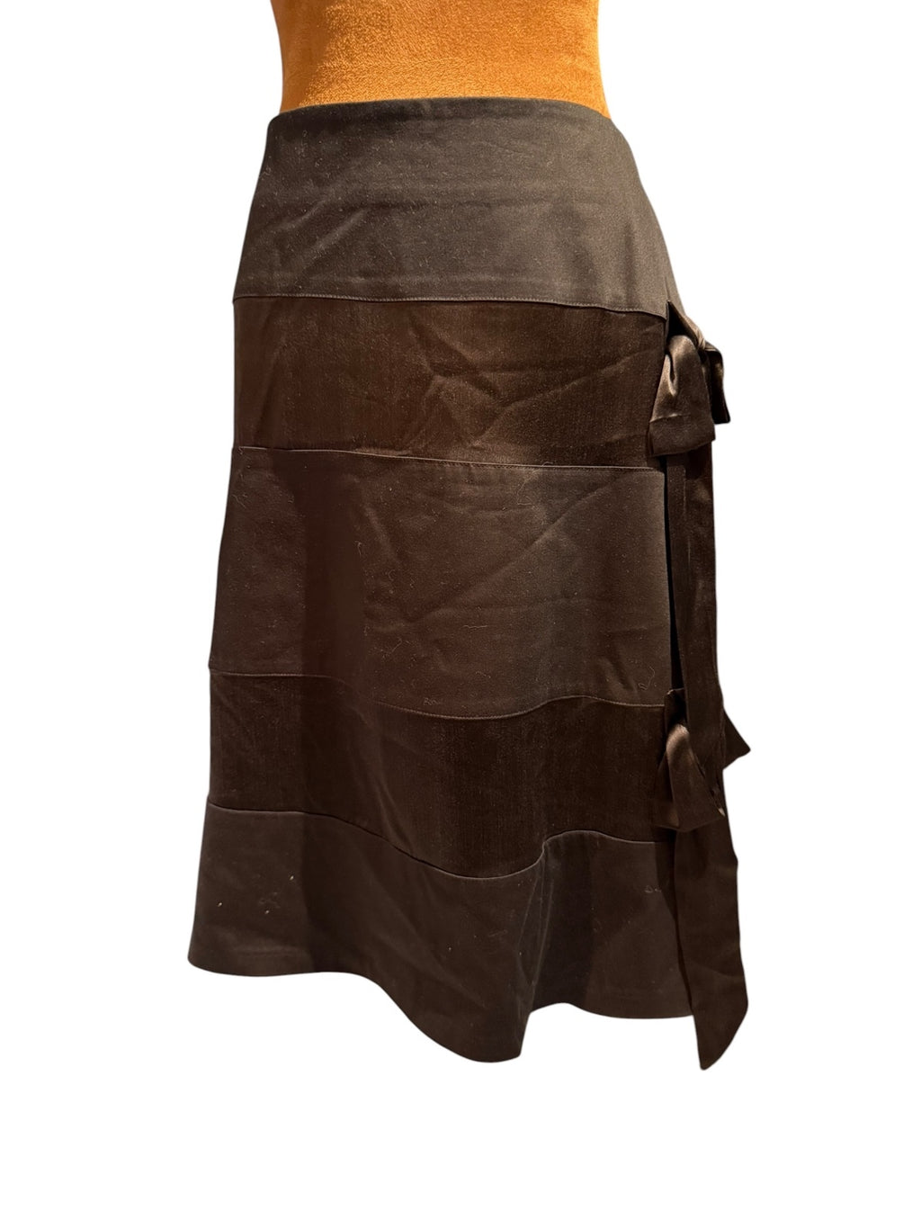 Ruth Black Alternating Cotton Silk Fabric Midi Skirt with Side Tie Detail
