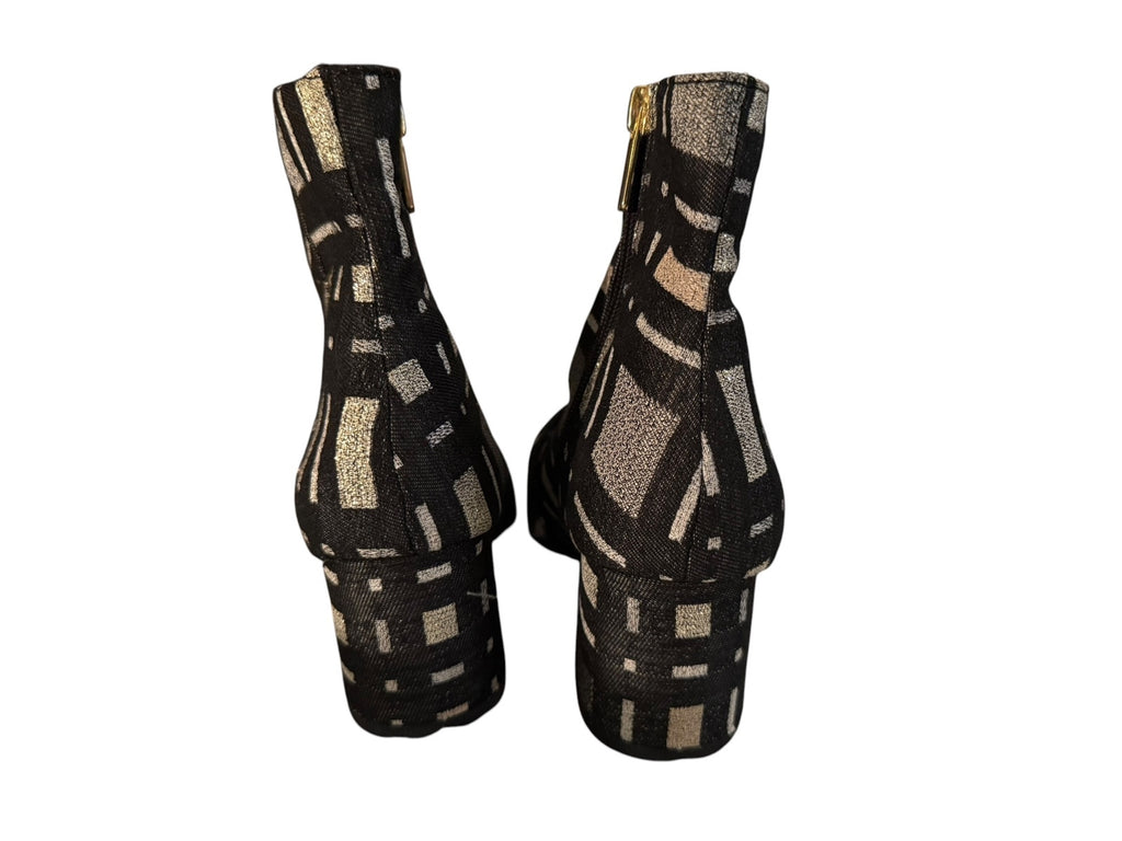 Bleeker and Bond Lacey Black and Silver Plaid Ankle Boots with Buckle Detail