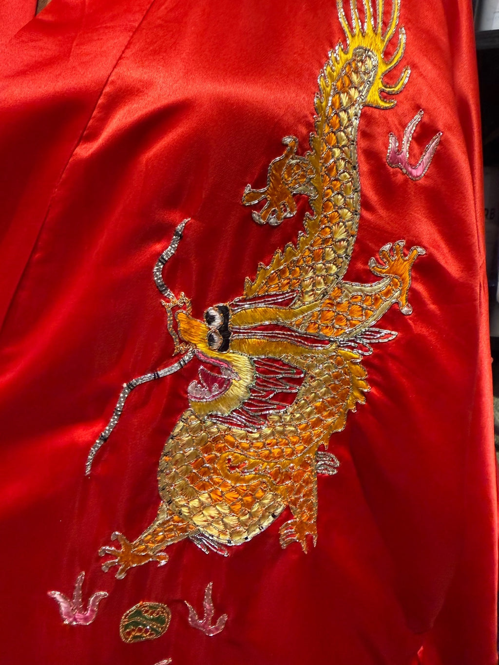 Vintage Phoenix Red 100% Silk Kimono with Embroidered Dragon