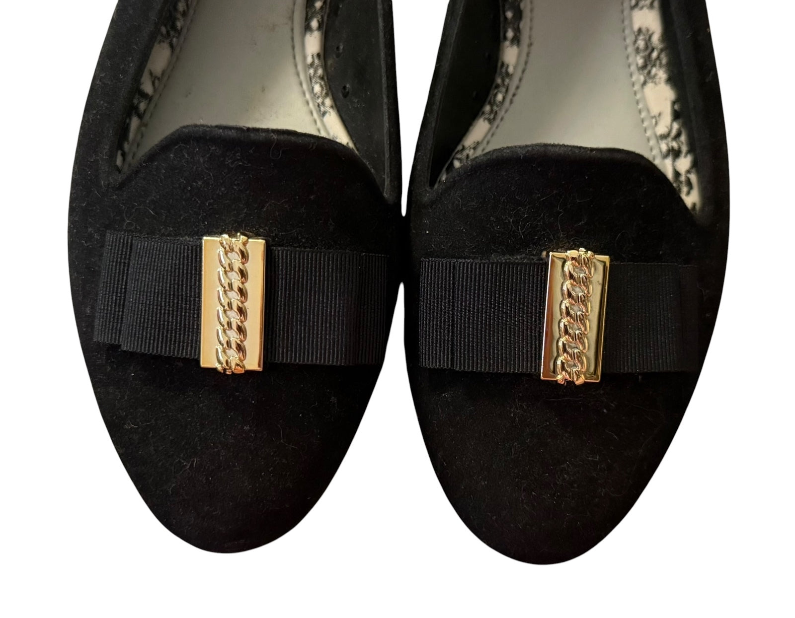 Melissa + Jason Wu Black Loafers with Gold Chain Bow Detail