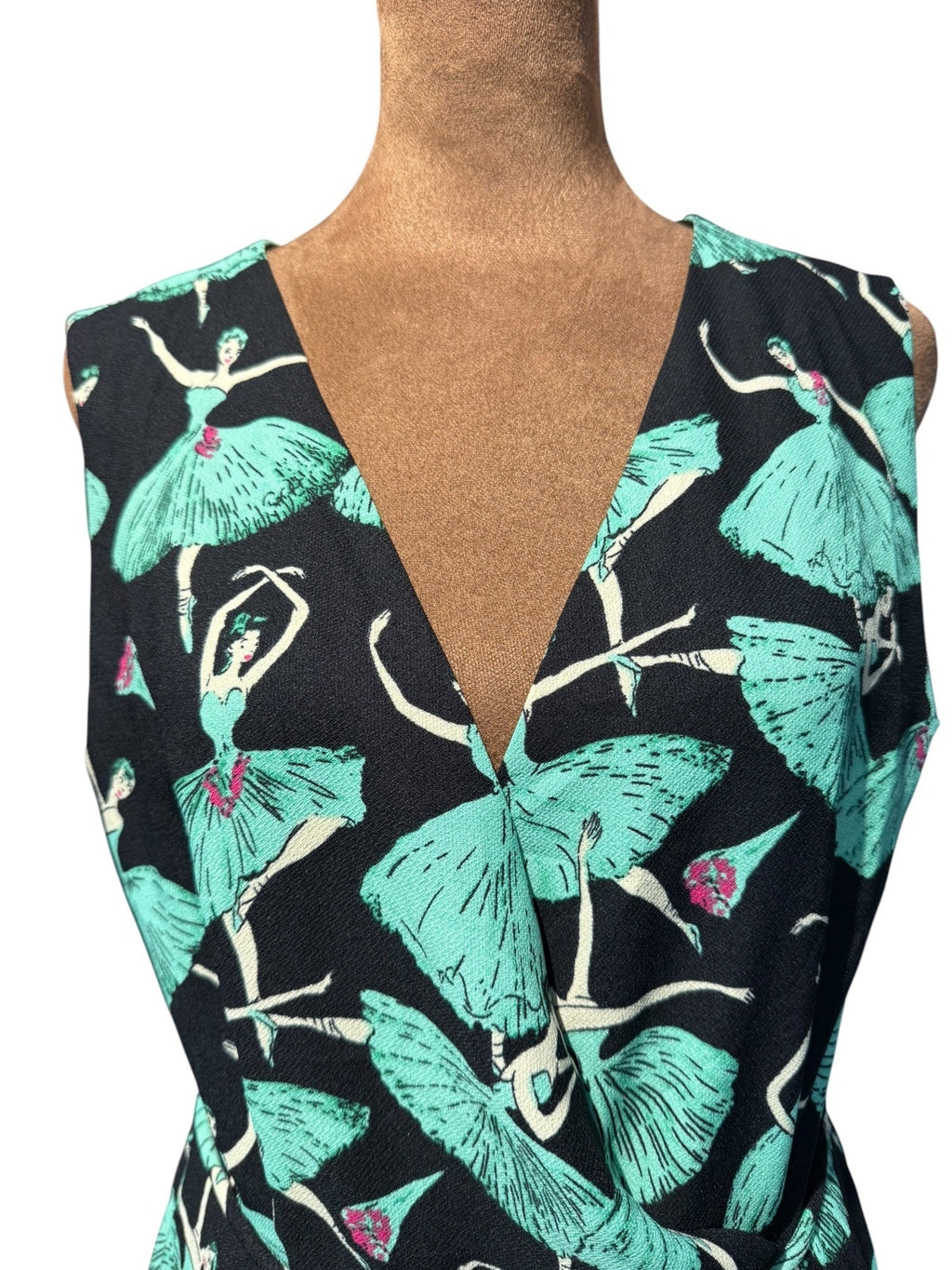 I. Madeline Sleeveless Black Dress with Green Ballerina Print, Size M