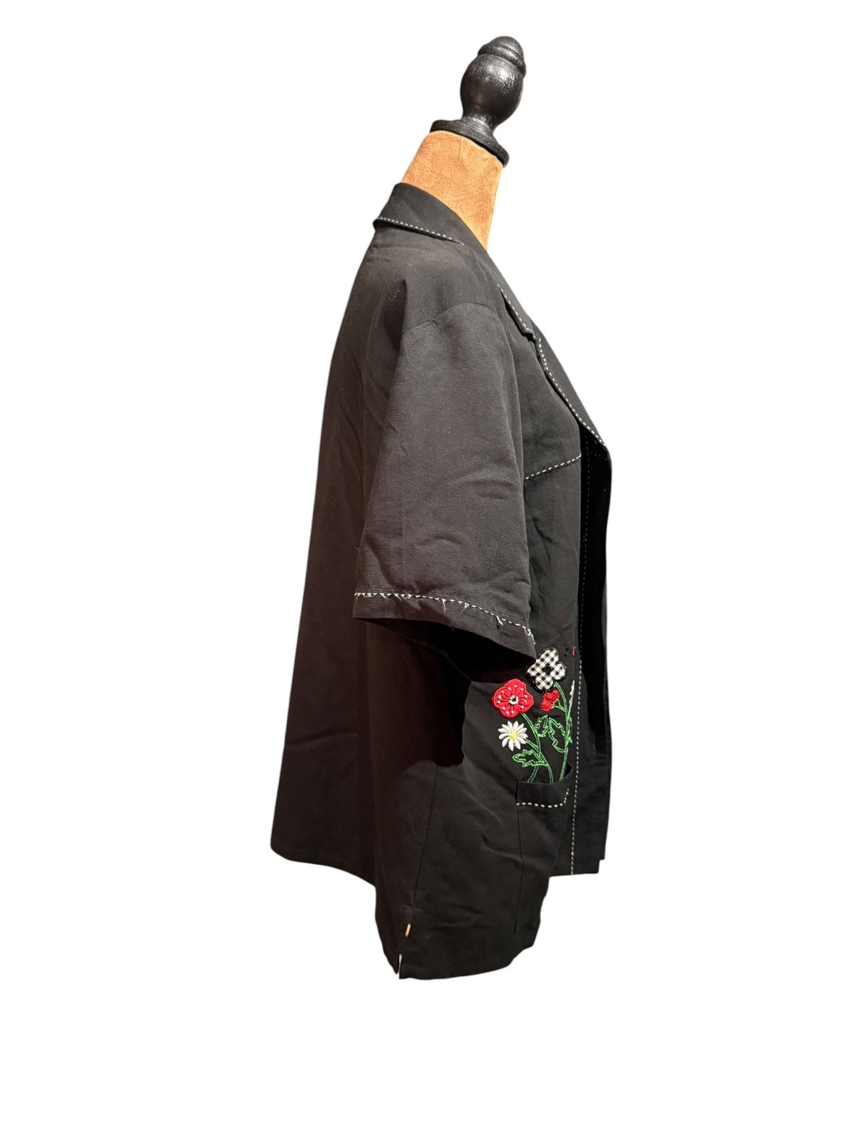 Black Embroidered Short Sleeve Jacket with Floral and Bee Details