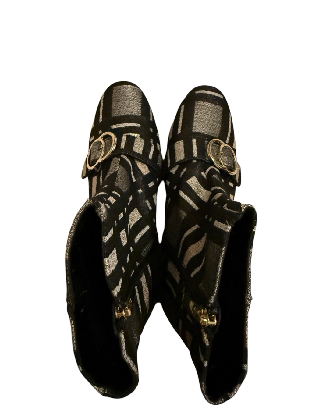 Bleeker and Bond Lacey Black and Silver Plaid Ankle Boots with Buckle Detail