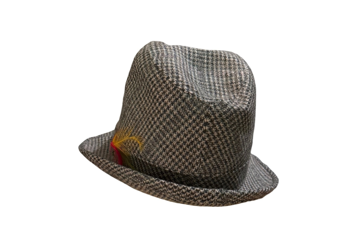 Vintage JCPenney Large Houndstooth Fedora Hat with Feather