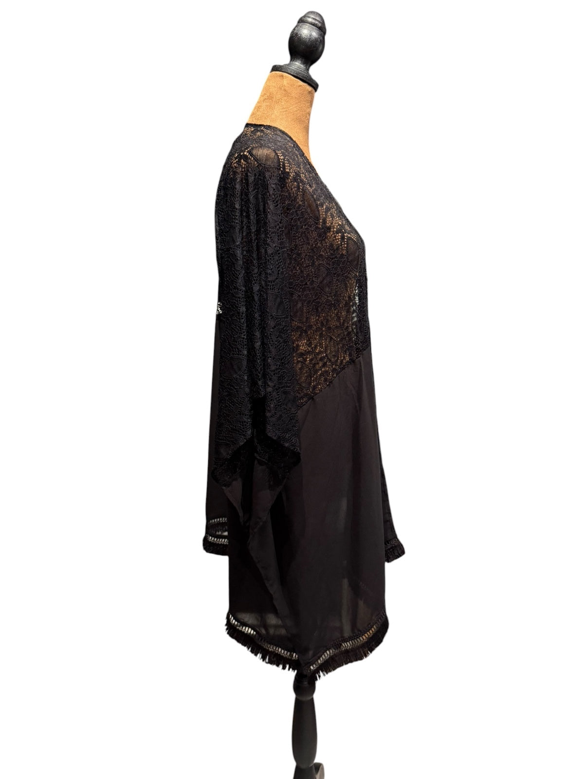 Elegant Black Lace and Sheer Kimono with Fringe Hem