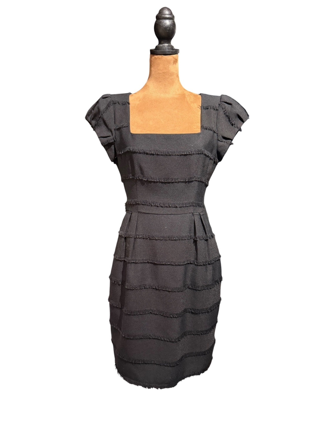 Nanette Lepore "Catch Me" Black Fringed Sheath Dress with Square Neckline