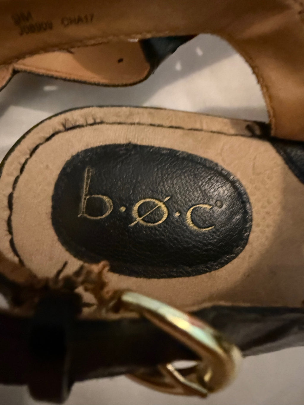 b.o.c. Black Leather T-Strap Sandals with Adjustable Ankle Strap