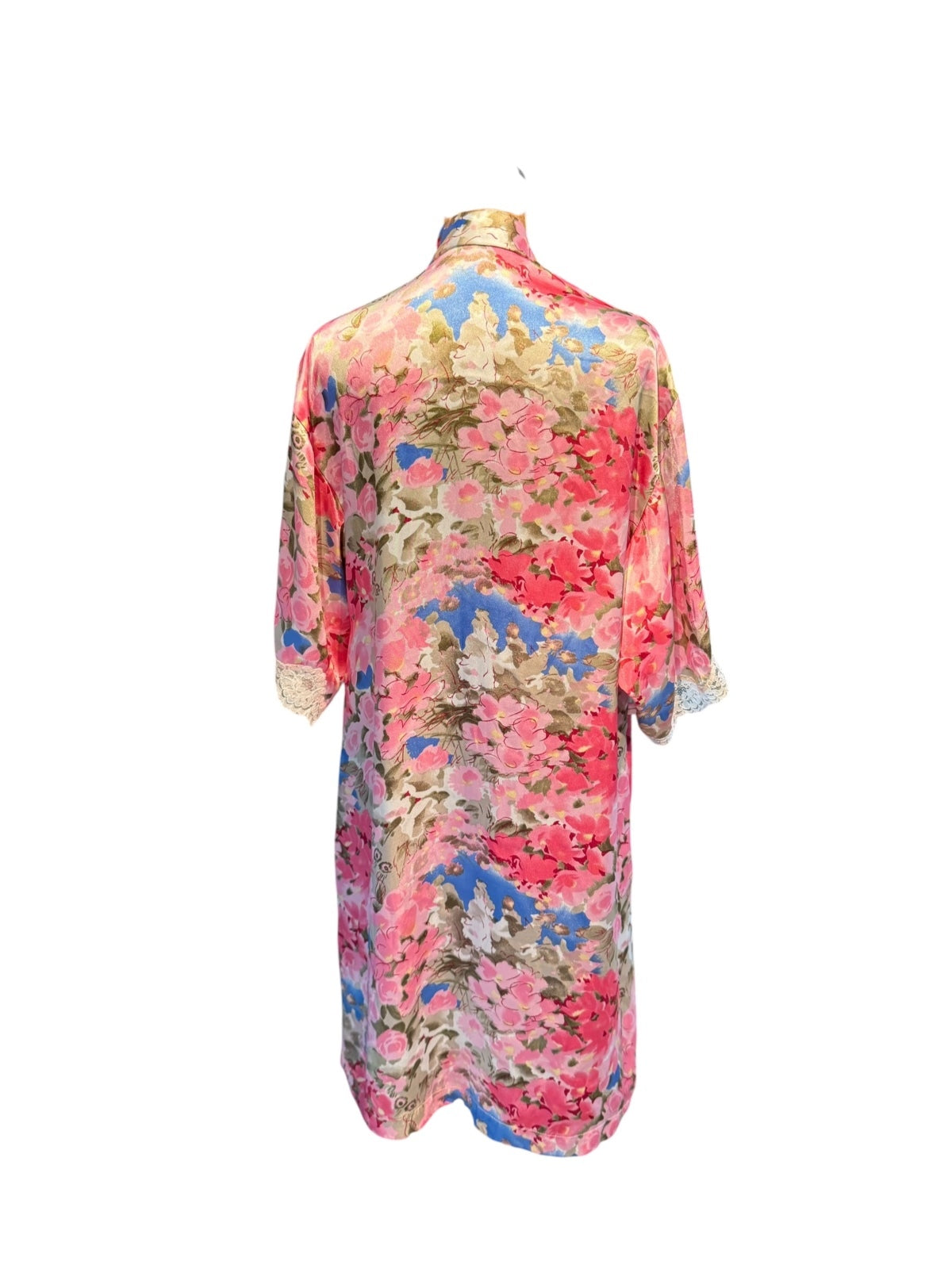 Vintage Floral Satin Kimono Robe with Lace Trim