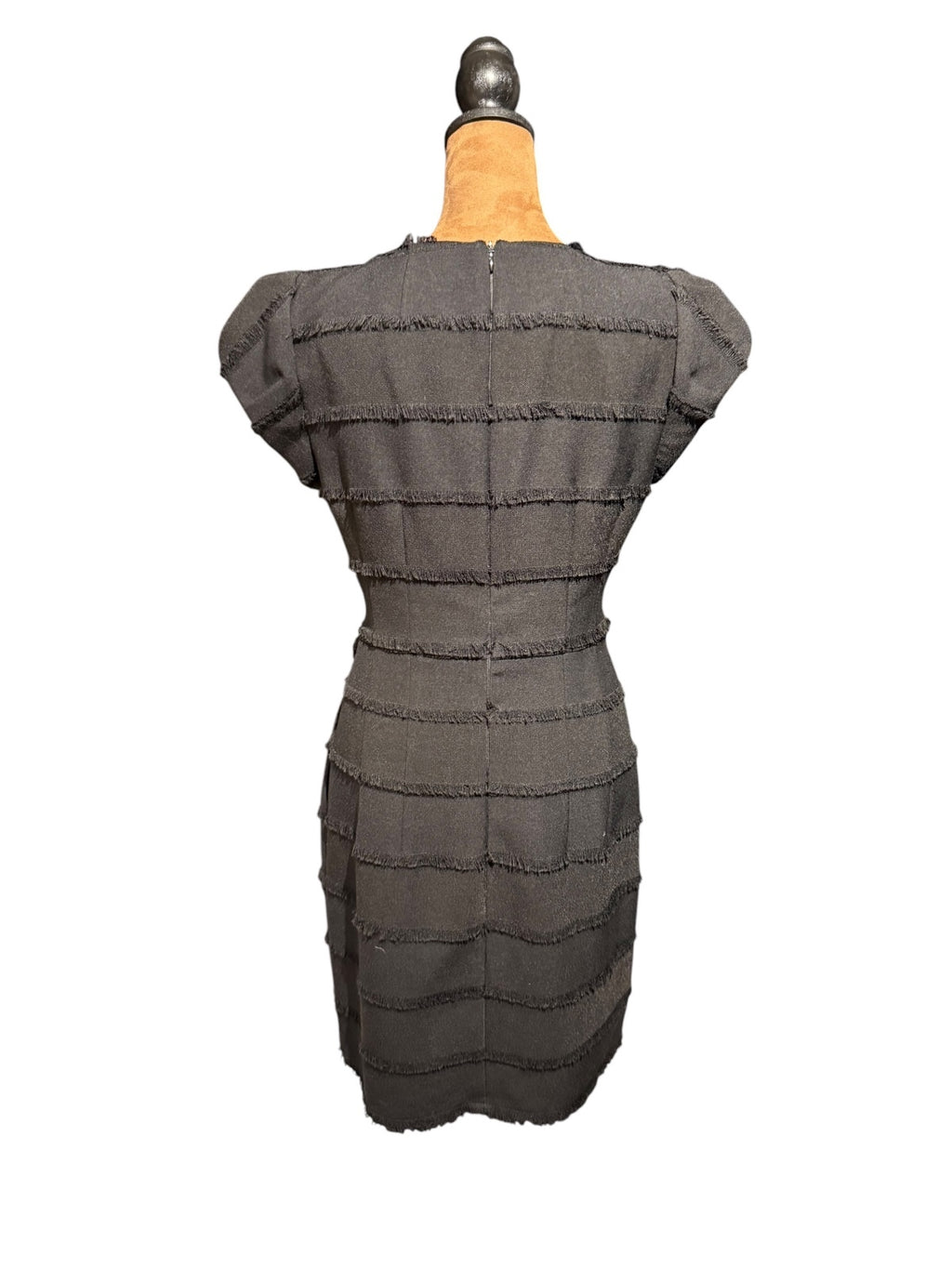 Nanette Lepore "Catch Me" Black Fringed Sheath Dress with Square Neckline