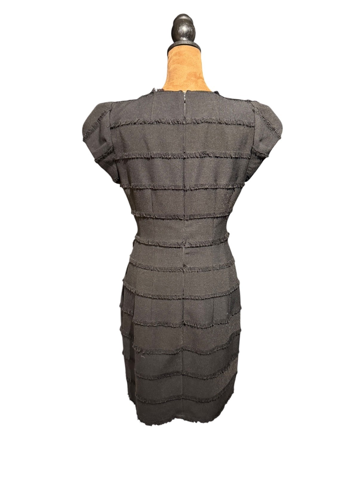 Nanette Lepore "Catch Me" Black Fringed Sheath Dress with Square Neckline