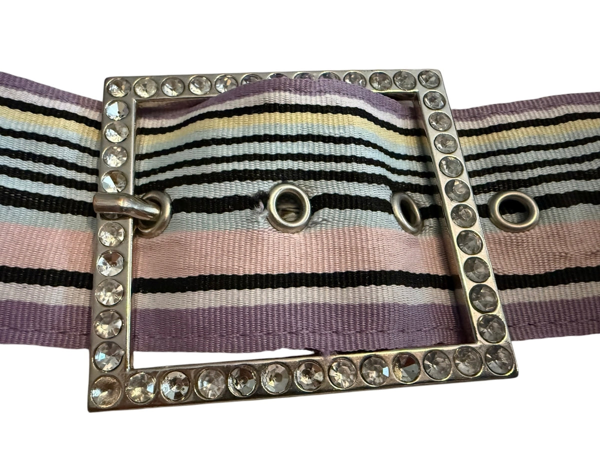 Vintage Wide Purple and Multicolor Striped Belt with Rhinestone Buckle