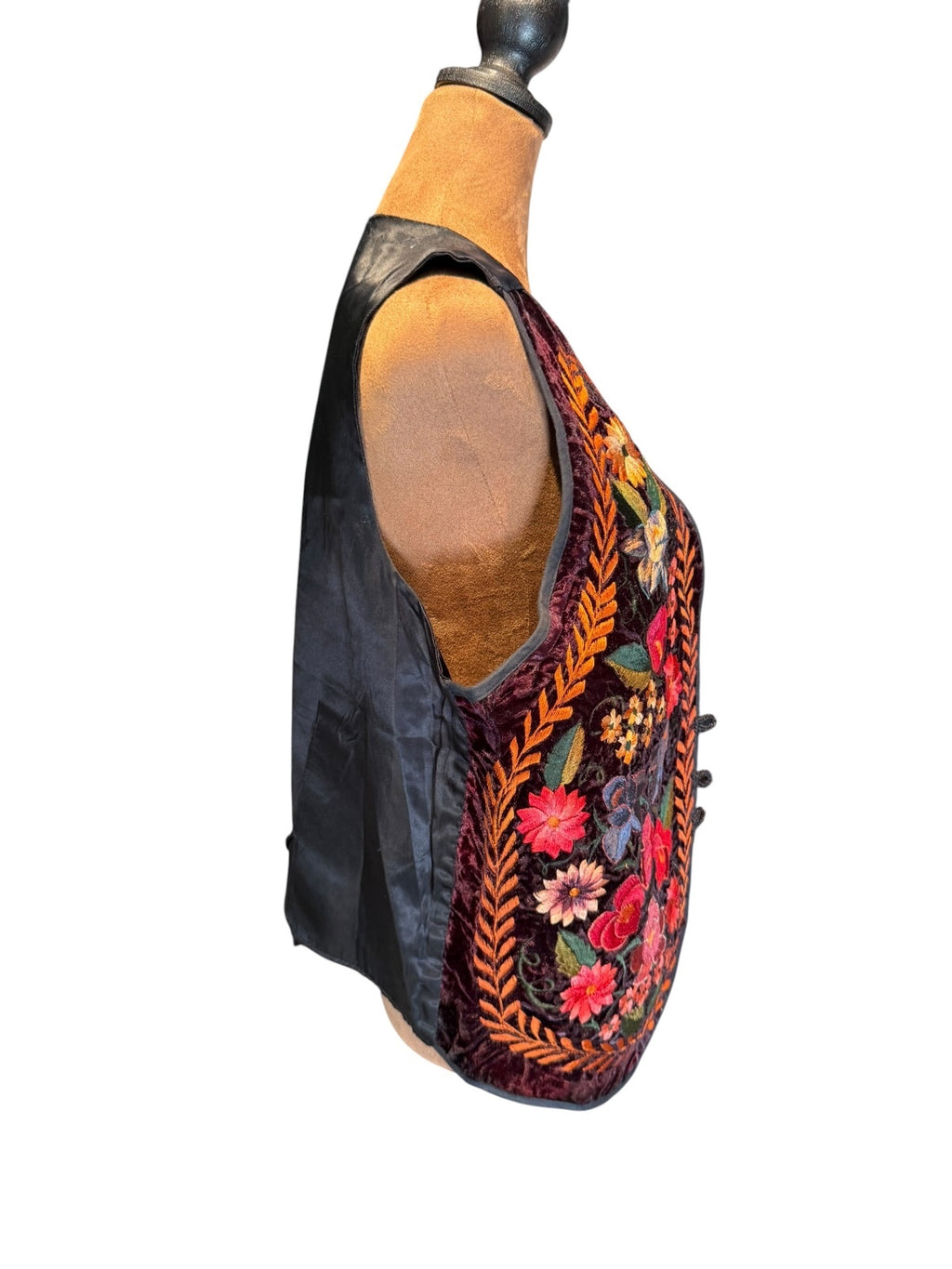 Vintage Embroidered Floral Velvet Vest with Satin Back