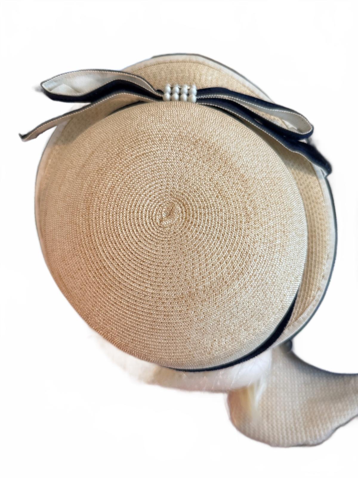 Vintage Style Beige Straw Hat with Black Velvet Bow and Pearl Accent