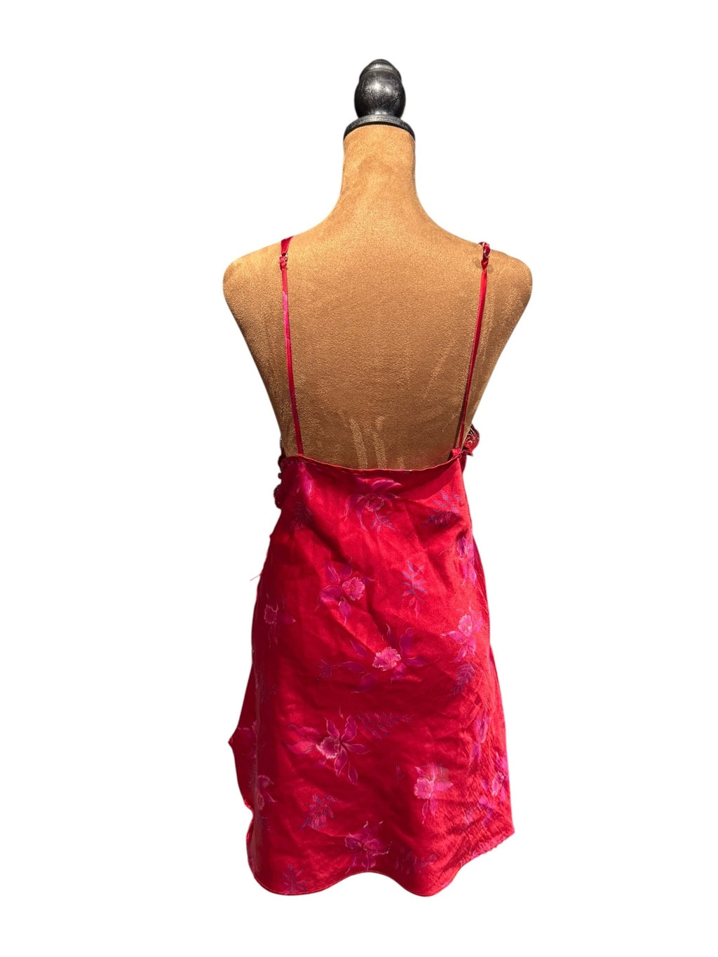 Vintage Inner Most Red Satin Floral Slip Dress with Lace Accent