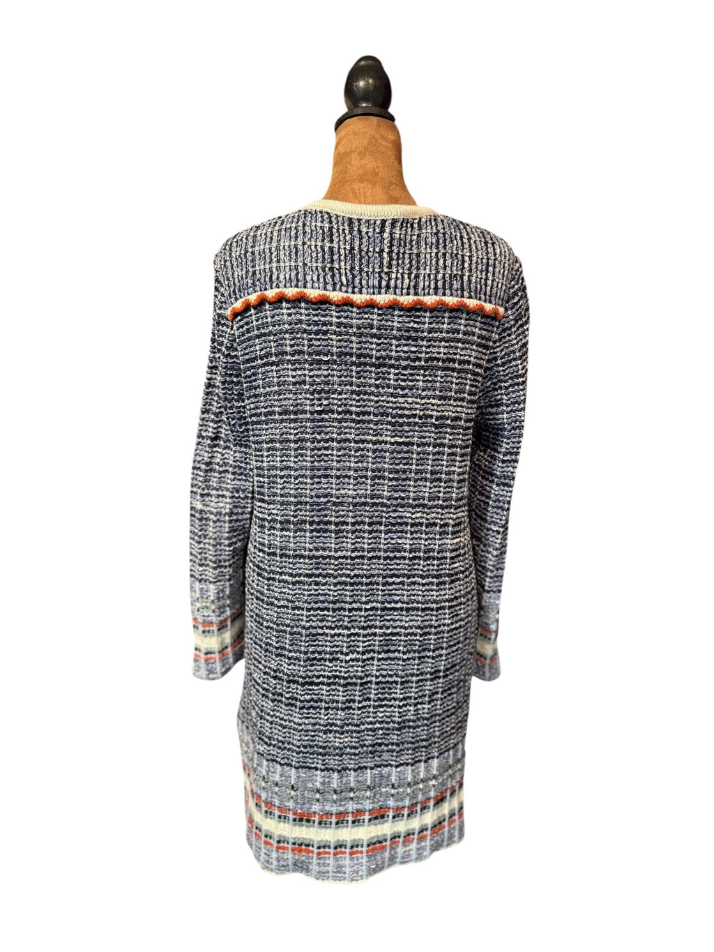 Claudius Navy Blue and White Tweed Long Cardigan with Orange Accents