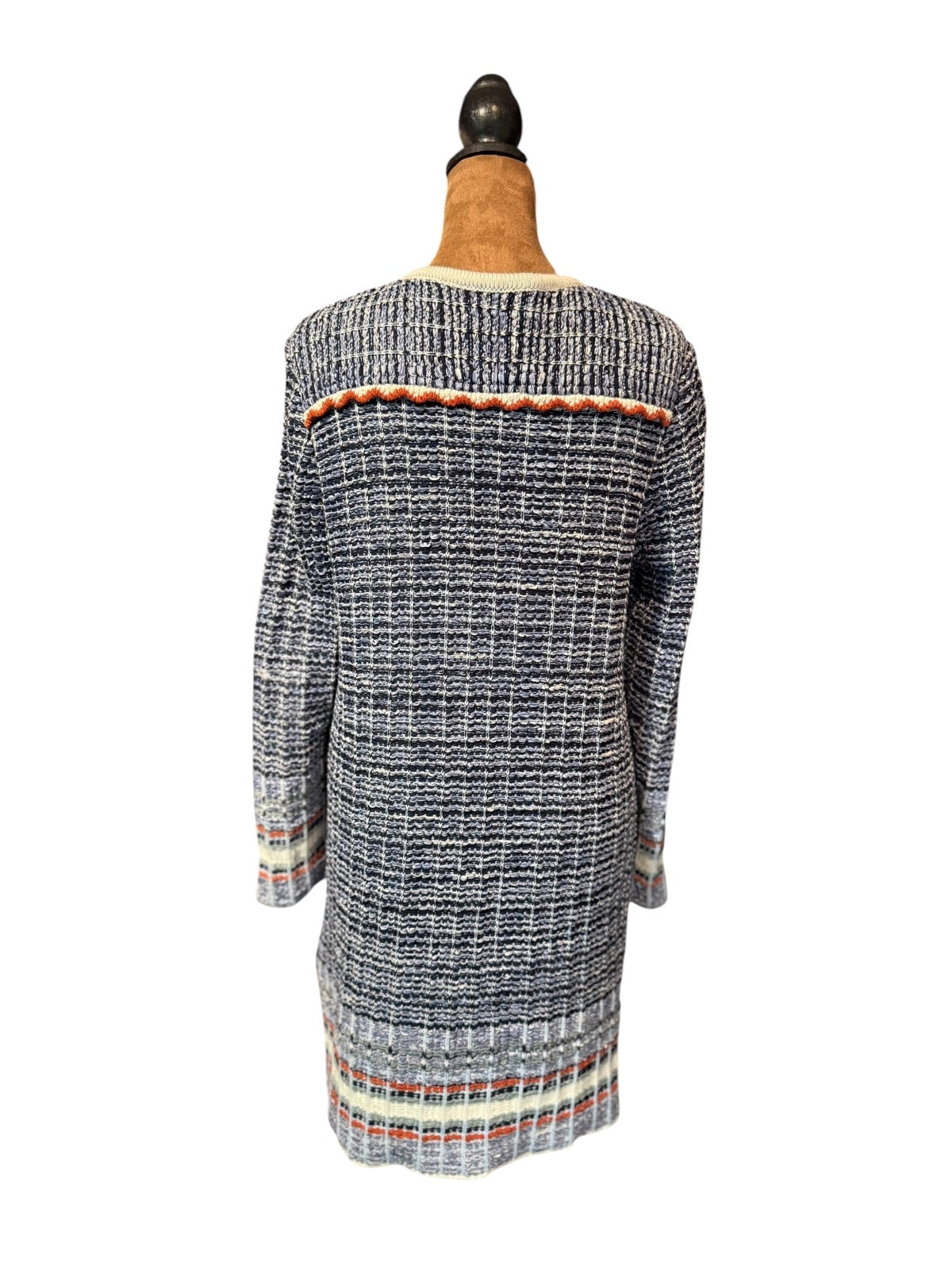 Claudius Navy Blue and White Tweed Long Cardigan with Orange Accents