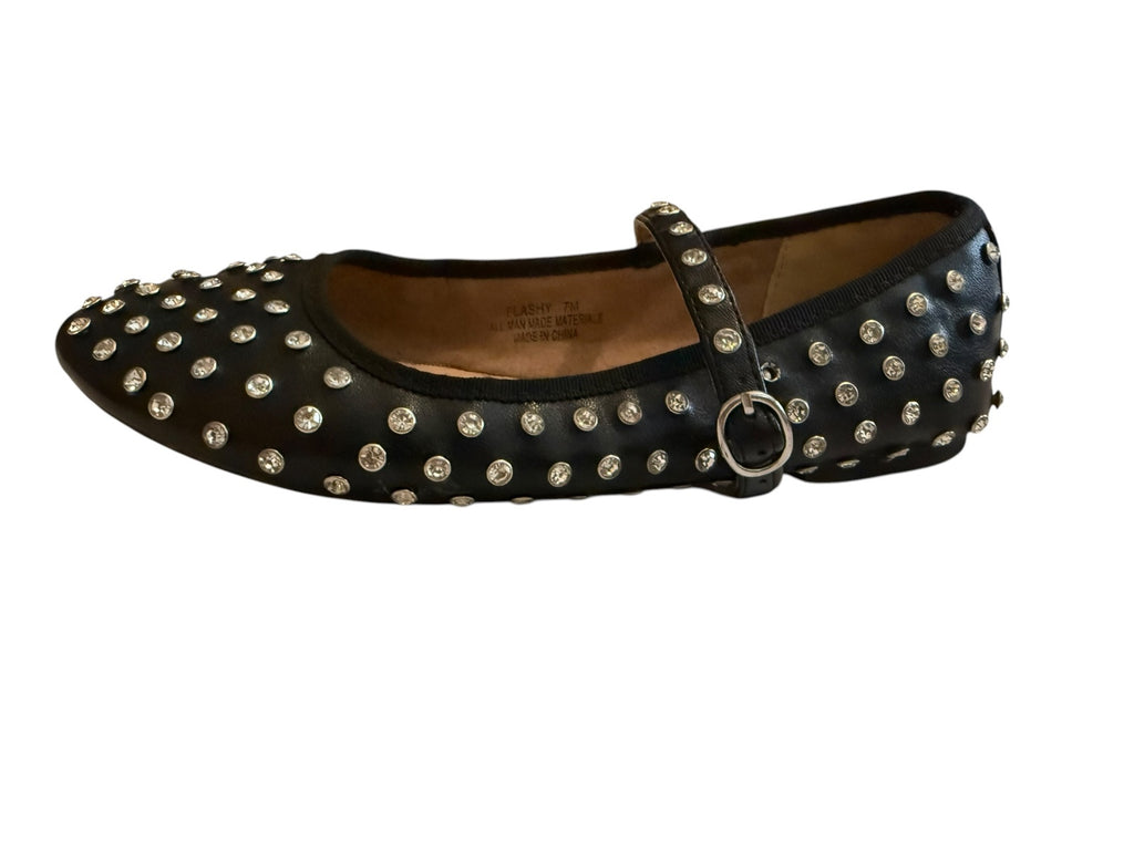 House of Harlow Black Studded Mary Jane Flats with Rhinestone Embellish