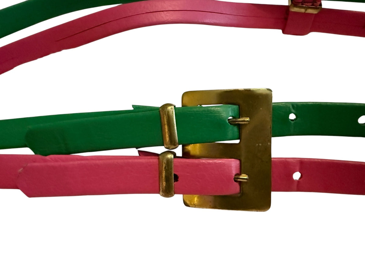 Double Strap Pink and Green Belt with Gold Buckle