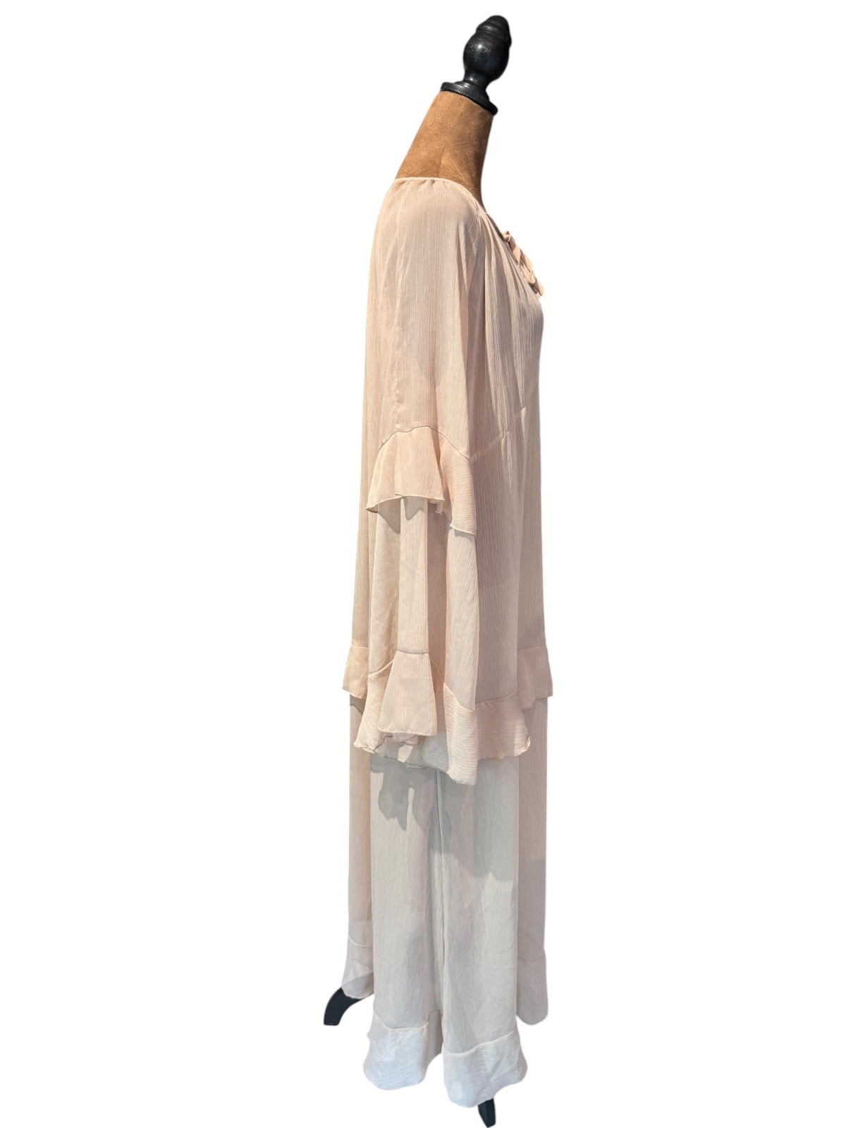 Light Beige Long Sleeve Bohemian Style Dress with Ruffle Details