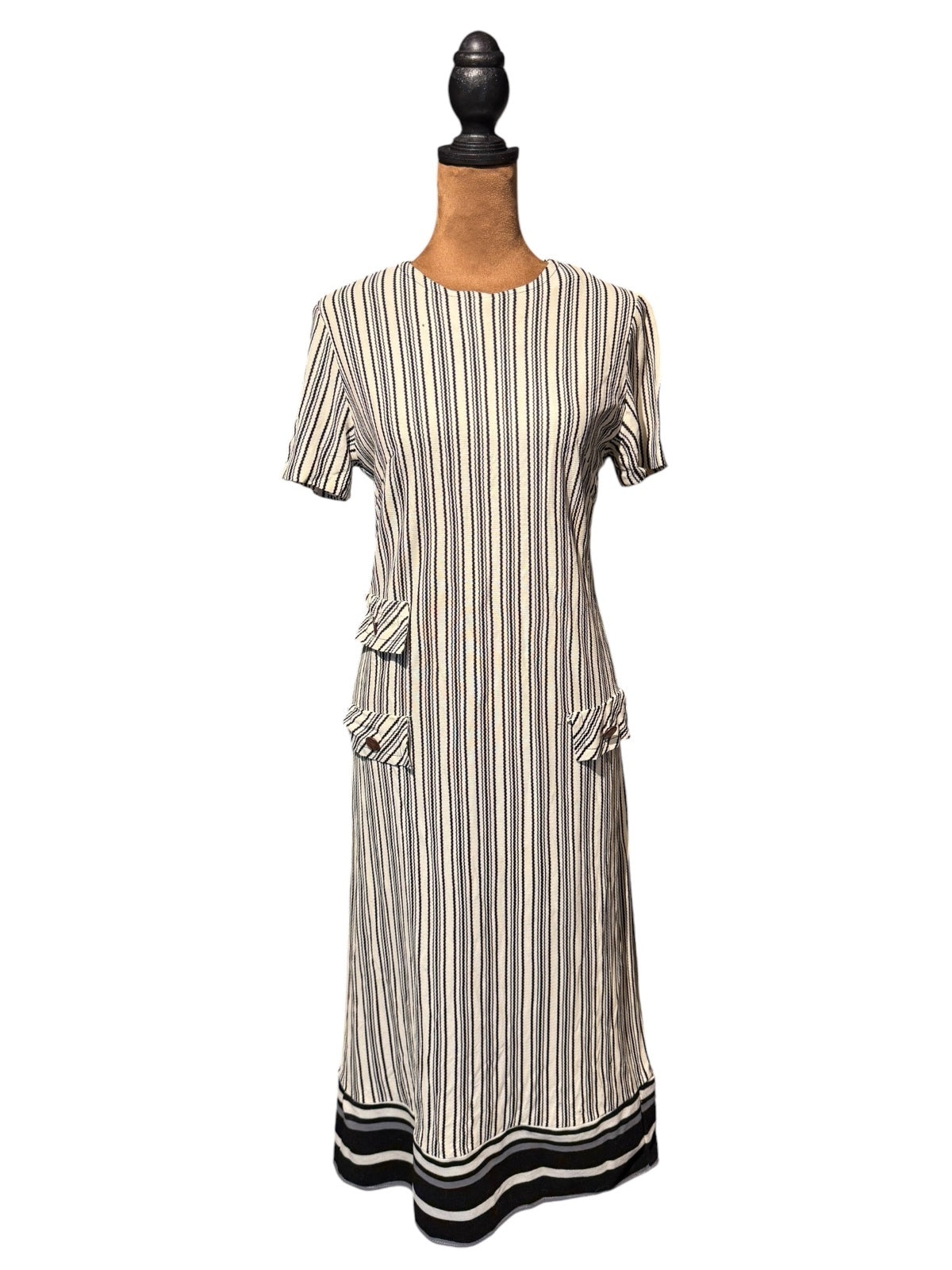 Vintage Striped Short Sleeve Midi Dress with Buttoned Pockets