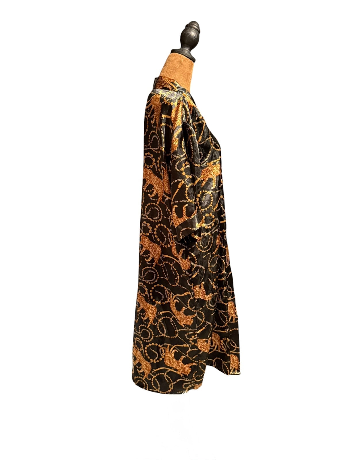 Emily Stacy Black and Gold Satin Kimono with Leopard and Chain Print