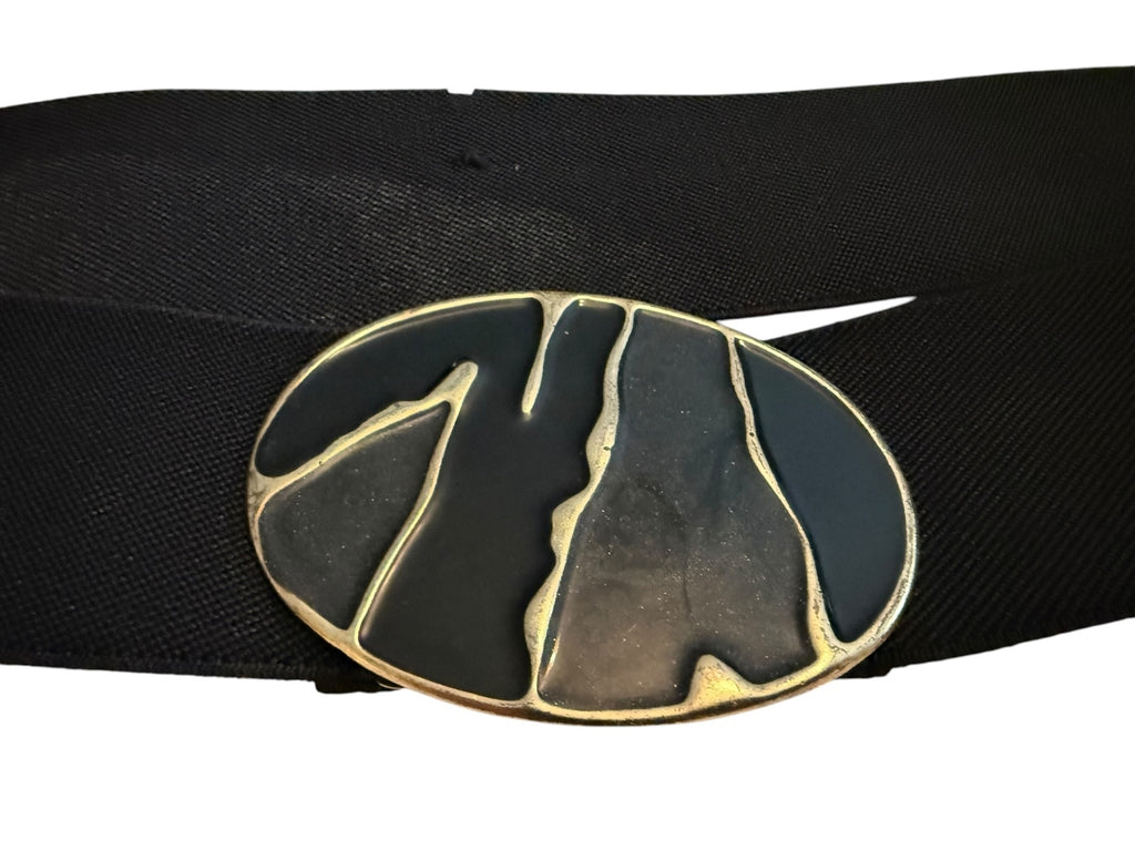 Vintage Wide Black Elastic Belt with Abstract Gold-Tone Buckle