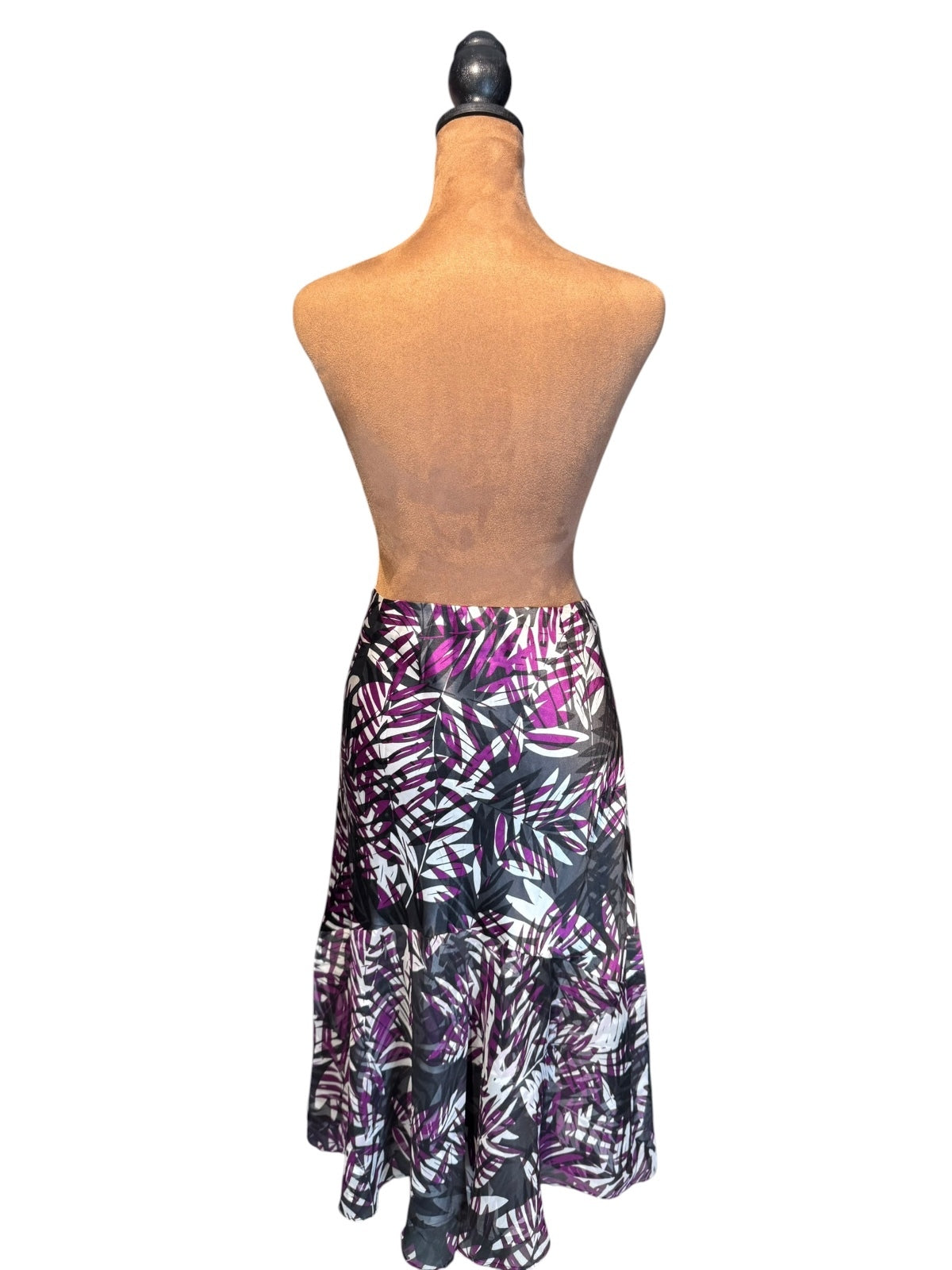 Alfani 100% Silk Purple and Black Leaf Print Midi Skirt Size 10