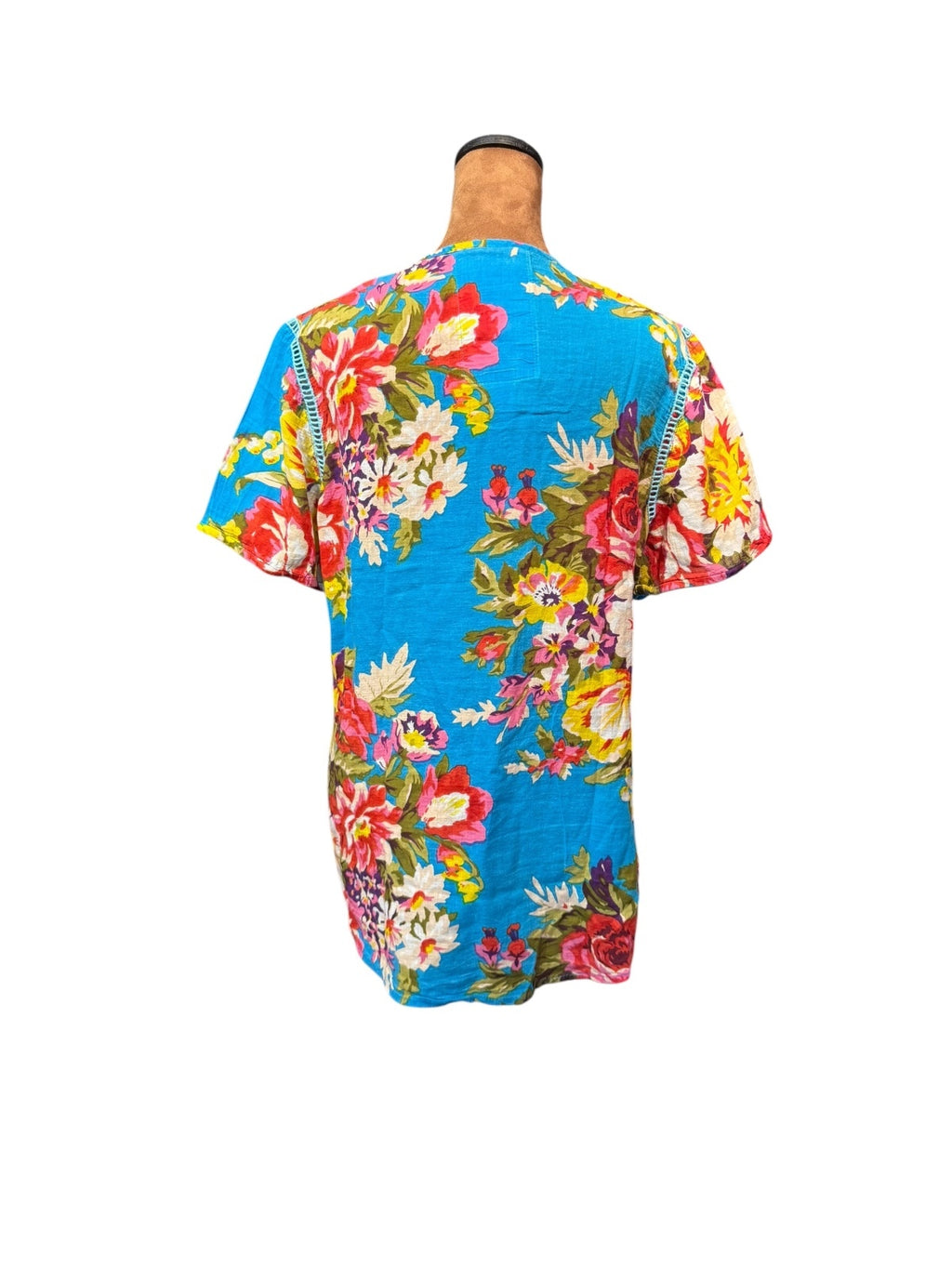 Johnny Was Blue Floral Cotton Tunic Top with Tassels
