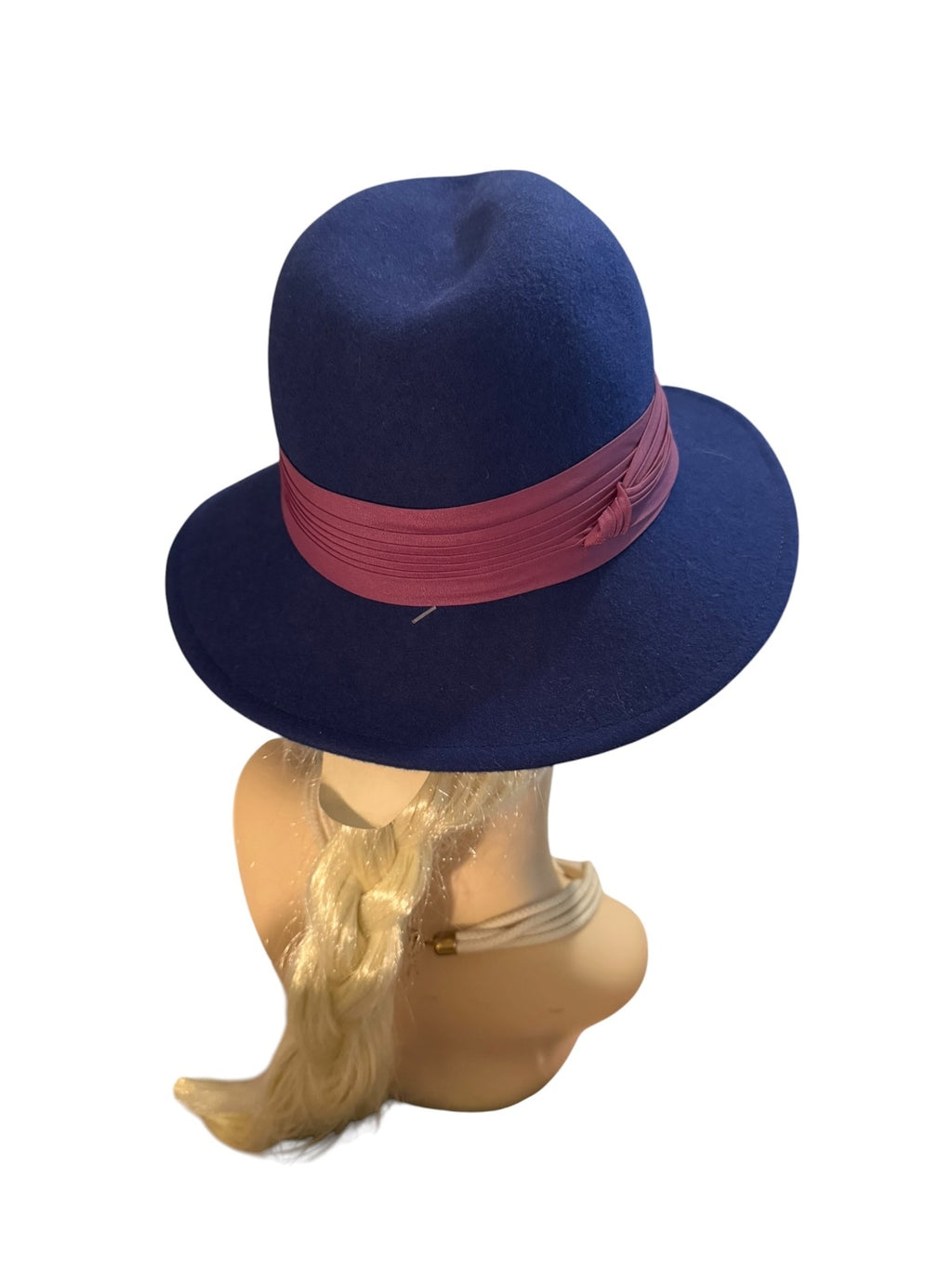 Lancaster Navy Blue Wool Fedora Hat with Burgundy Band Deadstock