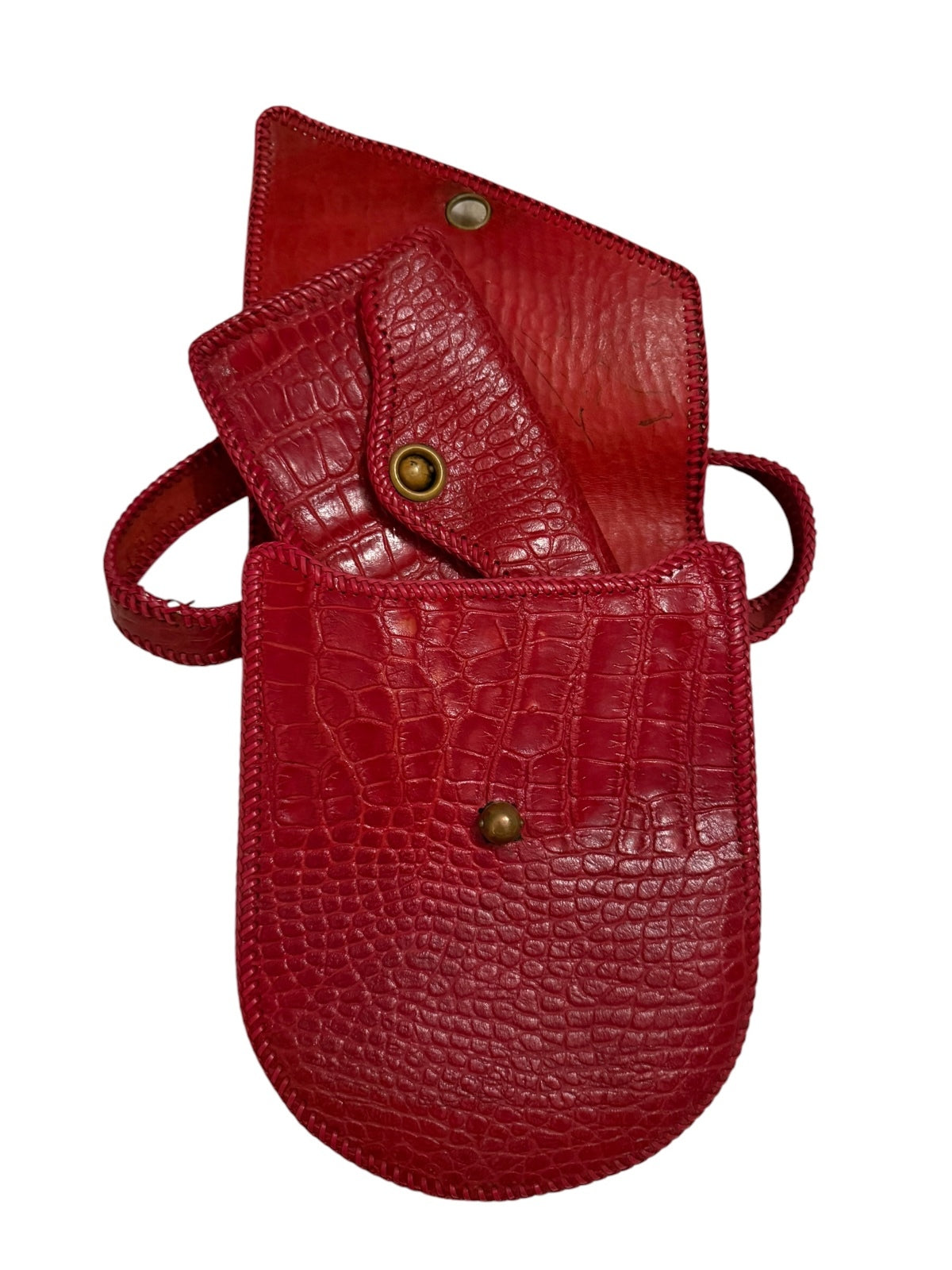 Vintage Red Crocodile Embossed Leather Crossbody Bag with Matching Wallet