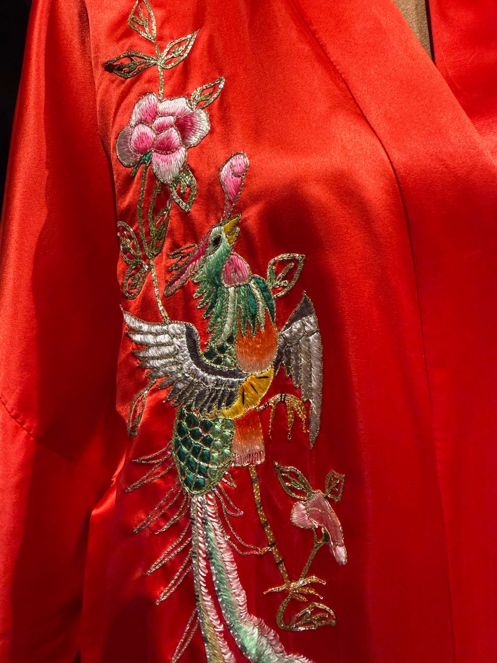 Vintage Phoenix Red 100% Silk Kimono with Embroidered Dragon