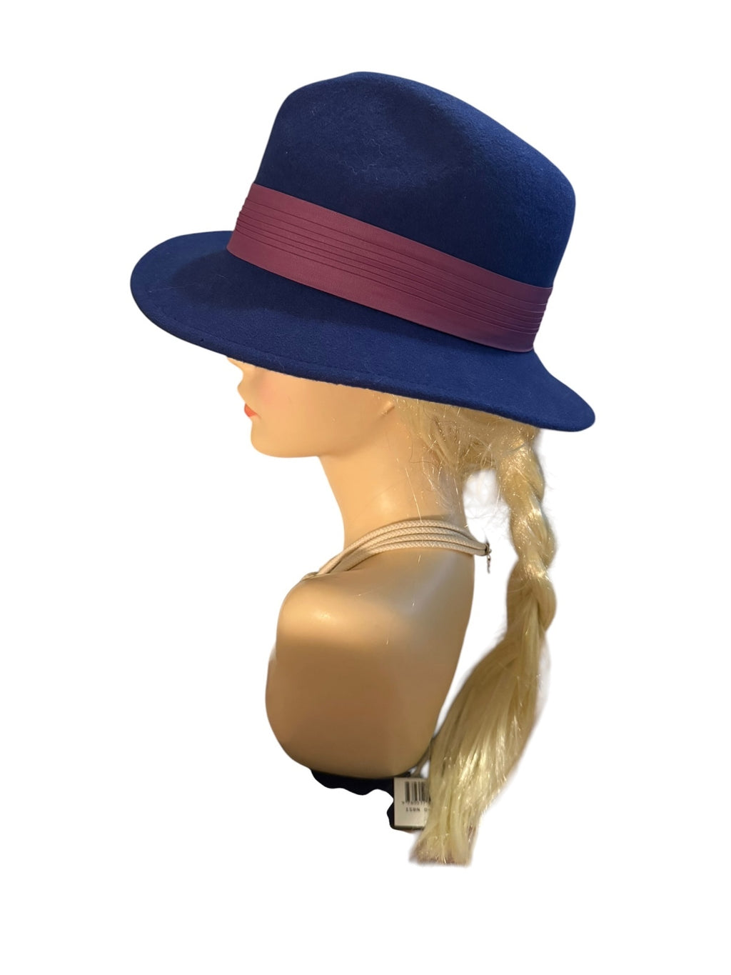 Lancaster Navy Blue Wool Fedora Hat with Burgundy Band Deadstock