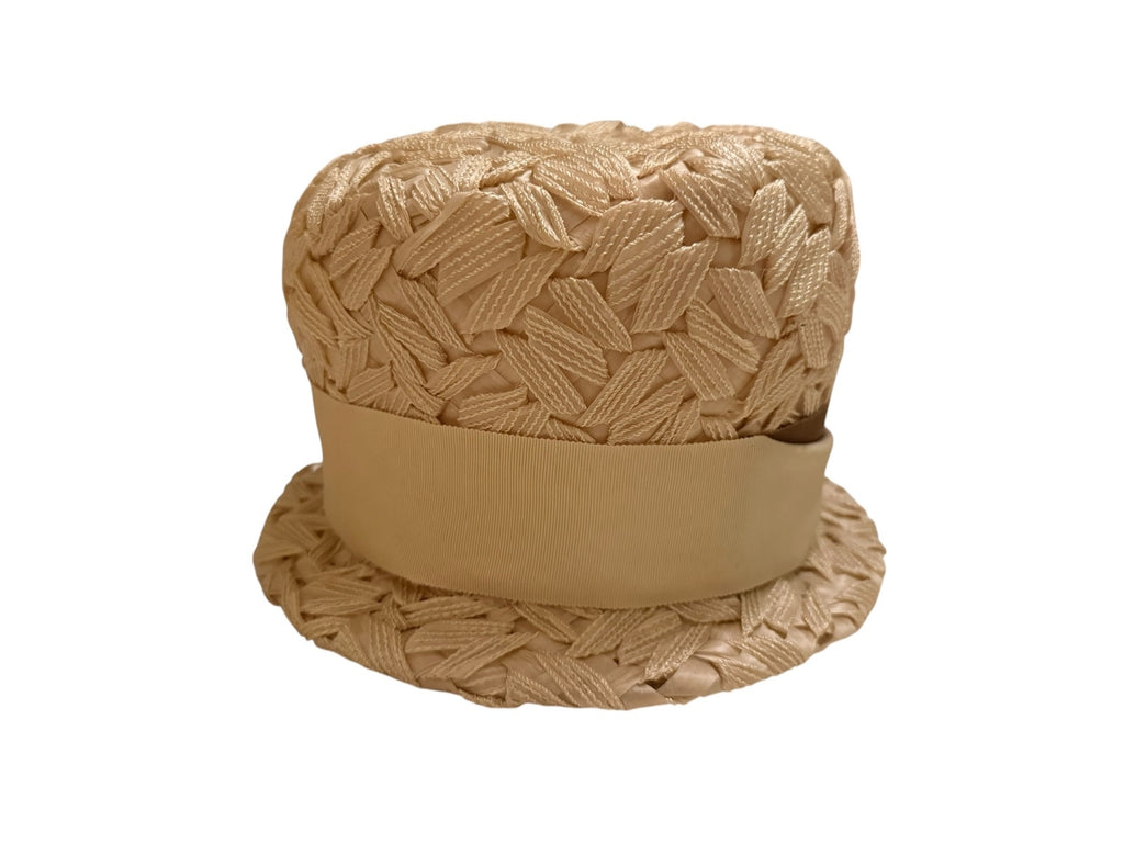 Vintage Beige Woven Straw Cloche Hat with Button Accent
