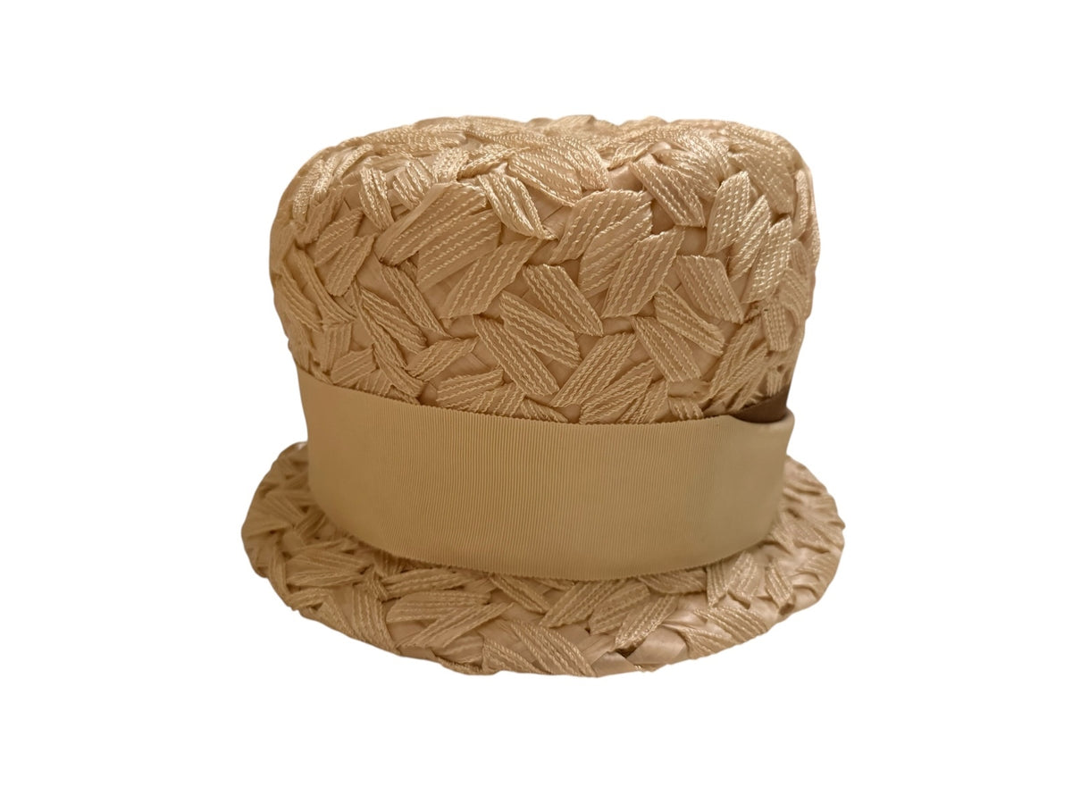 Vintage Beige Woven Straw Cloche Hat with Button Accent