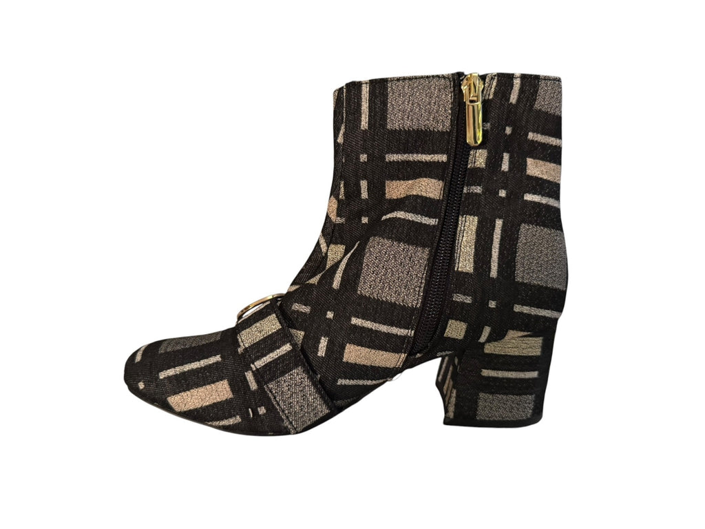 Bleeker and Bond Lacey Black and Silver Plaid Ankle Boots with Buckle Detail