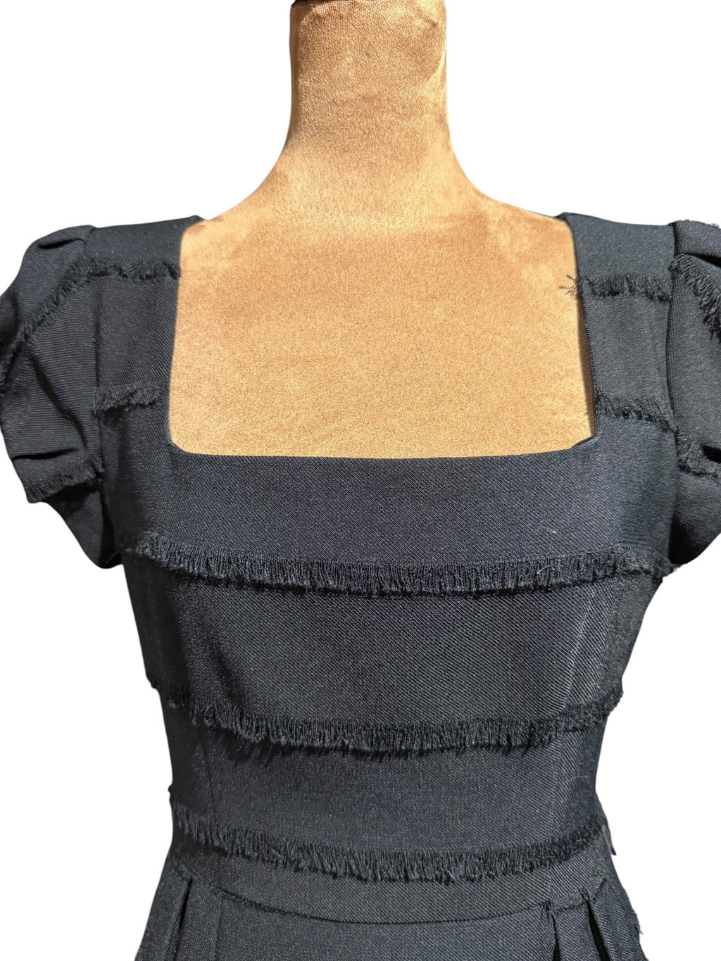 Nanette Lepore "Catch Me" Black Fringed Sheath Dress with Square Neckline