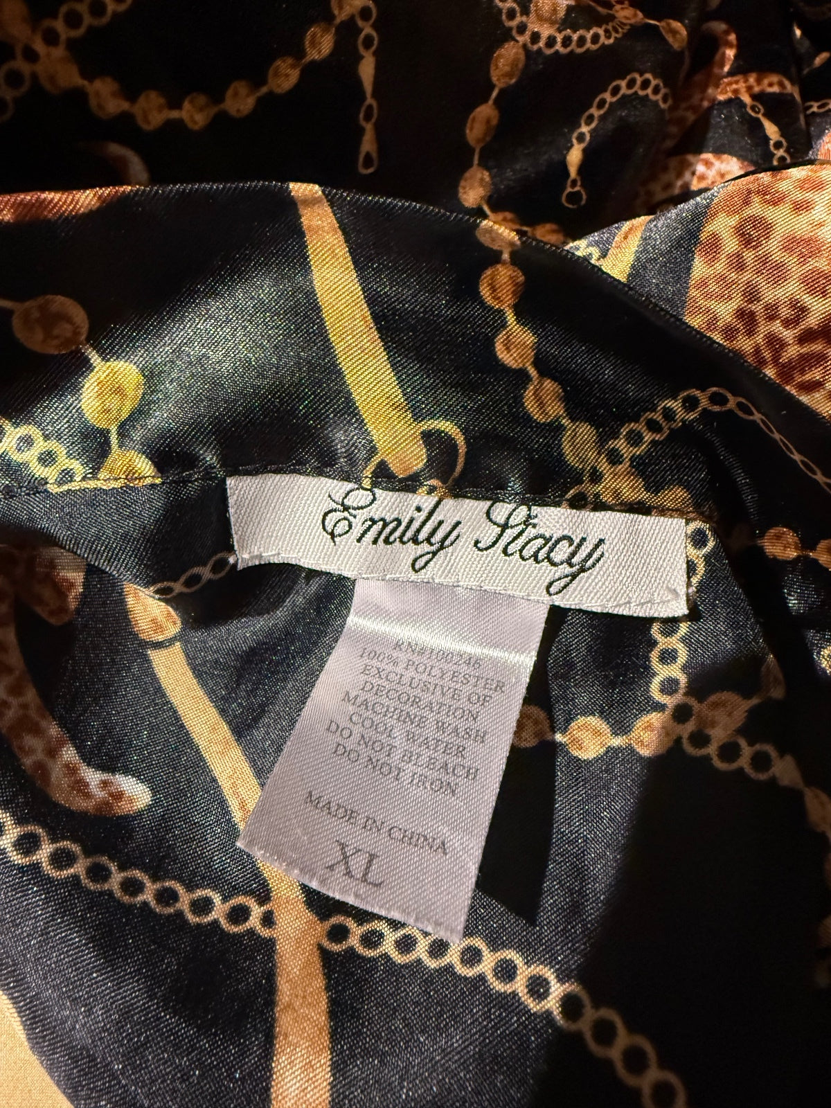 Emily Stacy Black and Gold Satin Kimono with Leopard and Chain Print