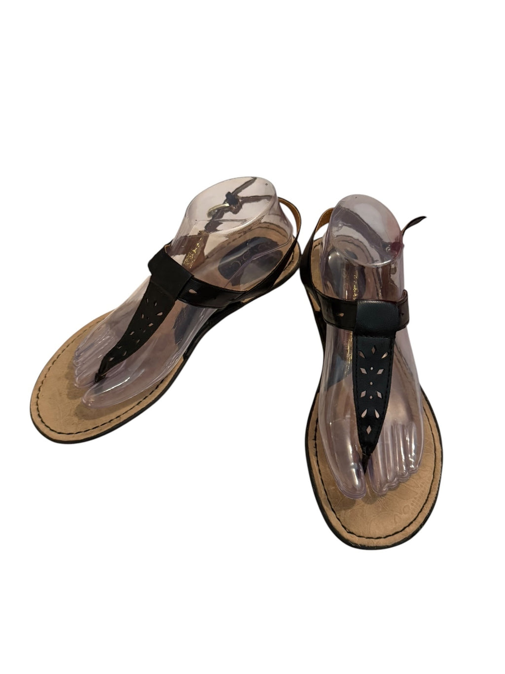 b.o.c. Black Leather T-Strap Sandals with Adjustable Ankle Strap
