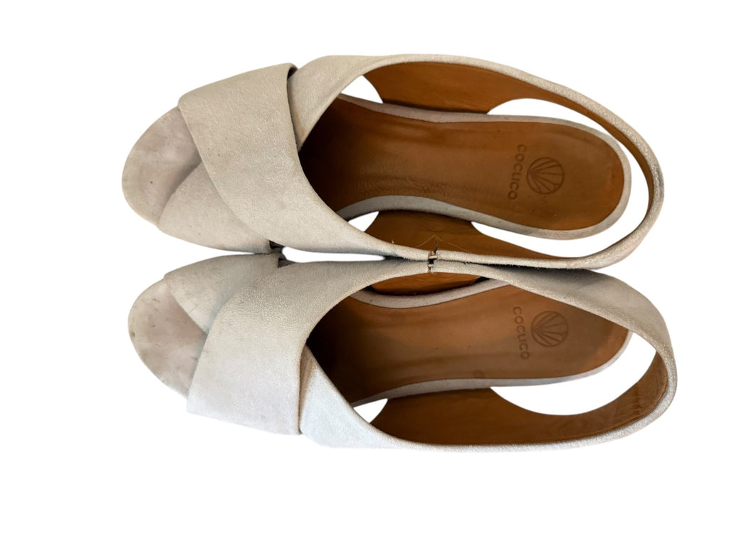 Coclico Beige Suede Wedge Sandals with Wooden Platform